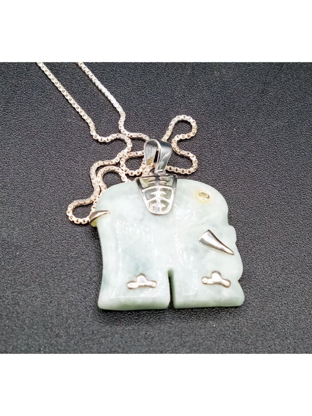 Jade Elephant Pendant Necklace Marked 925 Sterling Silver Green Carved Jadeite